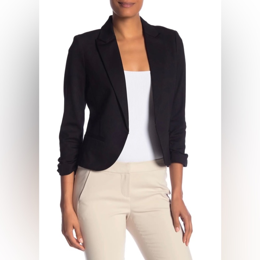 Pointe 3/4 length rouched sleeve blazer jacket